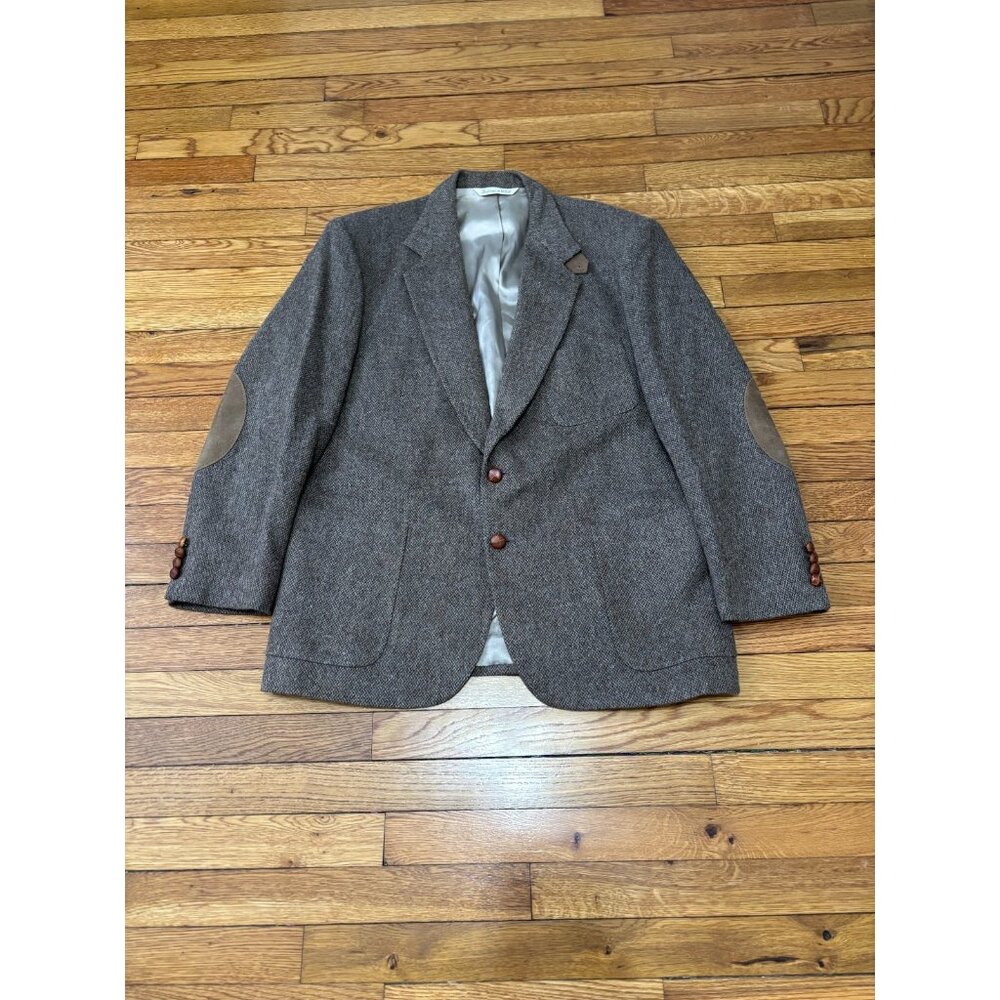 VTG Hunt Club Mens 44R Tweed Blazer USA Brown Elbow Patches 100% Wool Sport Coat